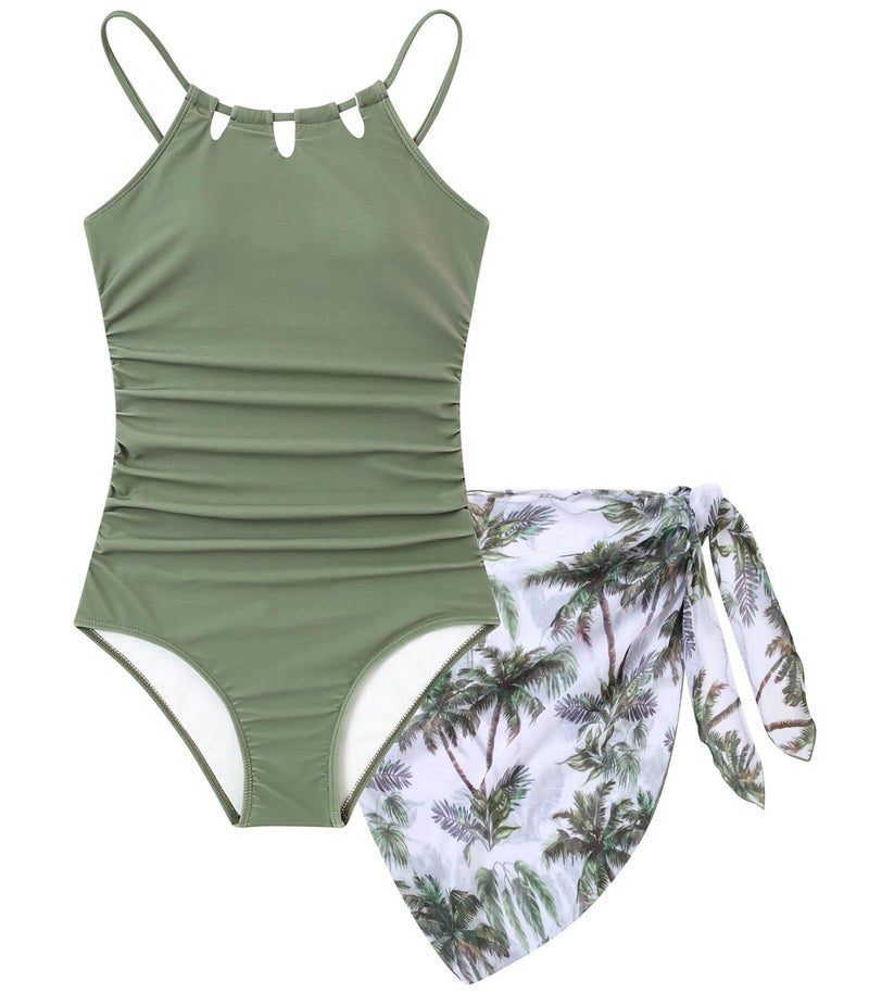 Cuddomper Girls Swimsiut Size 7-8 Green One-Piece Bathing Suit with Tropical Print Mesh Cover Ups Adjustable Straps Cut Out Swimwear - Image 1