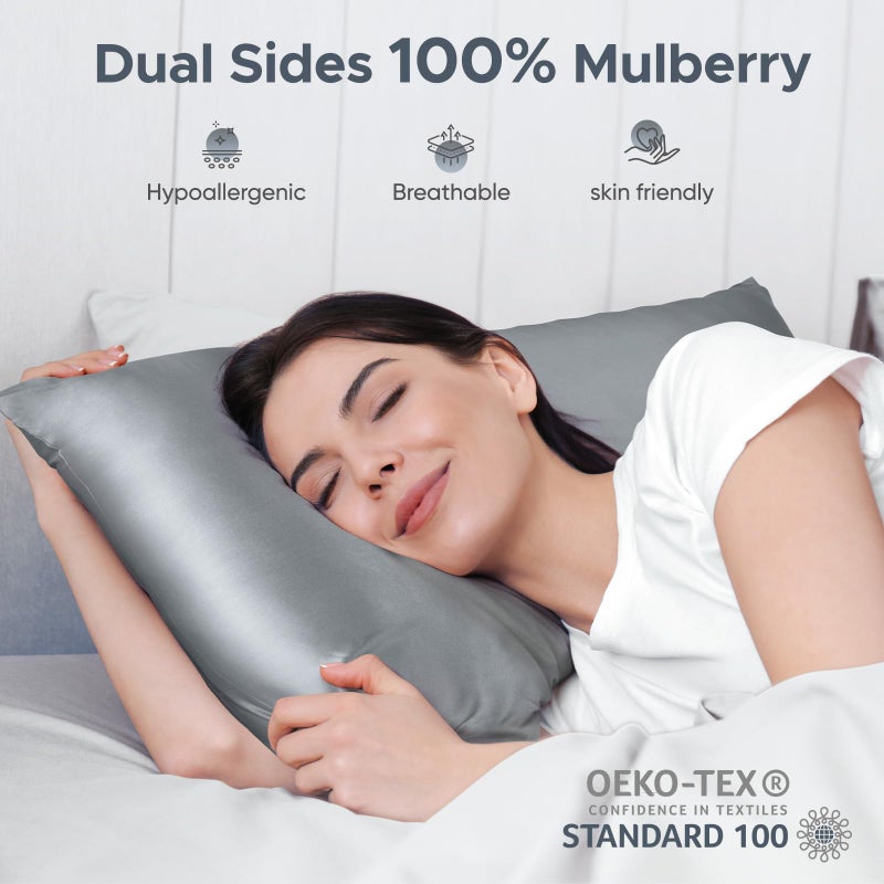 CAAIR 100% Pure Mulberry Silk Pillowcase for Hair and Skin - Allergen Resistant Dual Sides 600 Thread Count Silk Bed Pillow Cases with Hidden Zipper 1pc King Size Medium Grey - Image 2