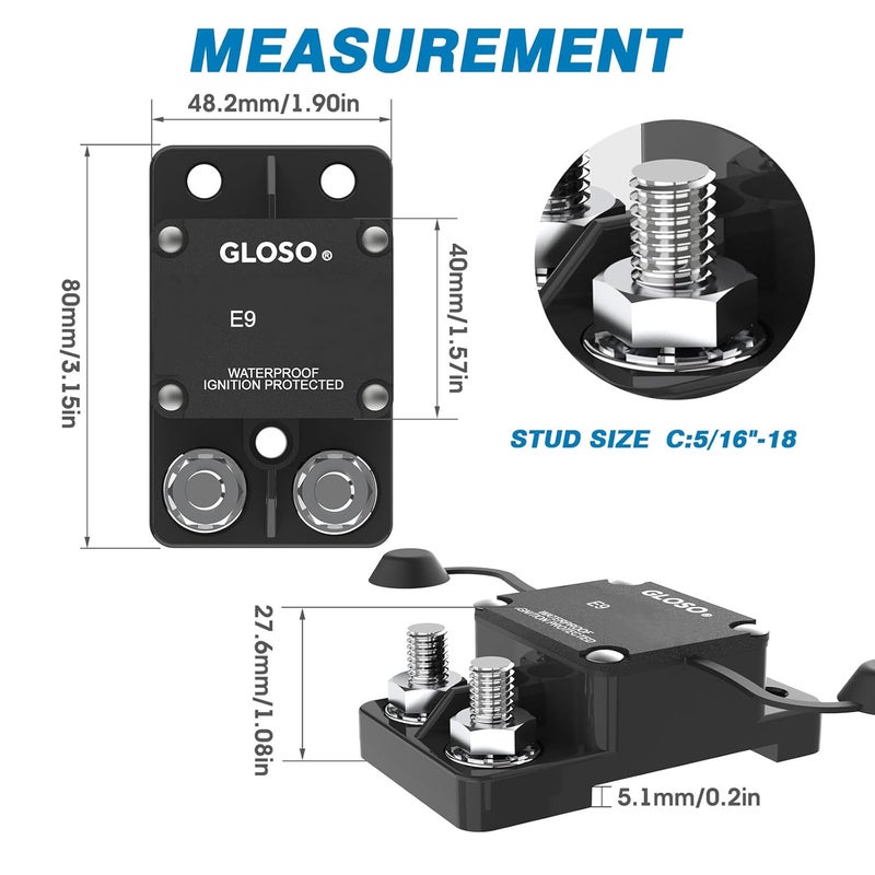 GLOSO E9A Waterproof Auto Reset Circuit Breaker for Automotive and Marine Use (135A) - Image 2