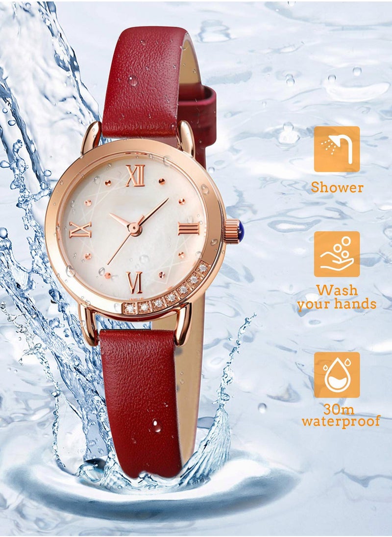 roaiss - Women's Leather Strap Quartz Watch Analog Display Round Dial Watch with Rhinestone Decoration and Red Band Waterproof Wristwatch as Gift for Ladies - Image 1
