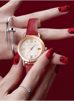Women's Leather Strap Quartz Watch Analog Display Round Dial Watch with Rhinestone Decoration and Red Band Waterproof Wristwatch as Gift for Ladies