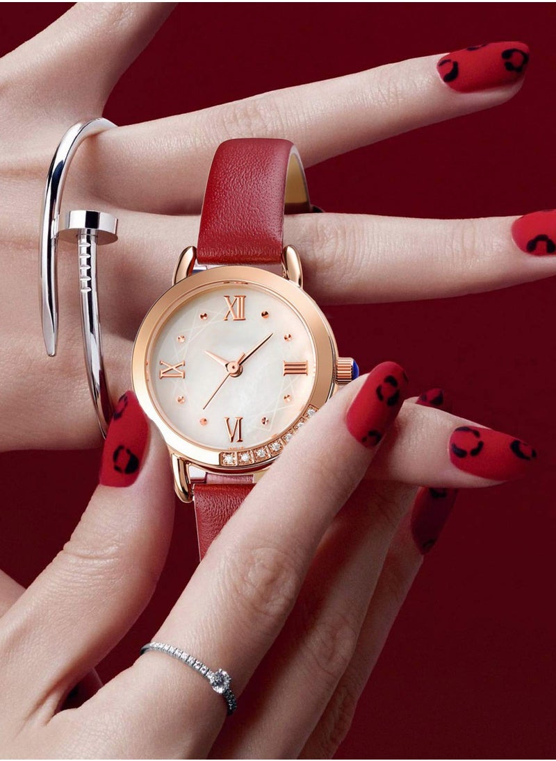 roaiss - Women's Leather Strap Quartz Watch Analog Display Round Dial Watch with Rhinestone Decoration and Red Band Waterproof Wristwatch as Gift for Ladies - Image 1