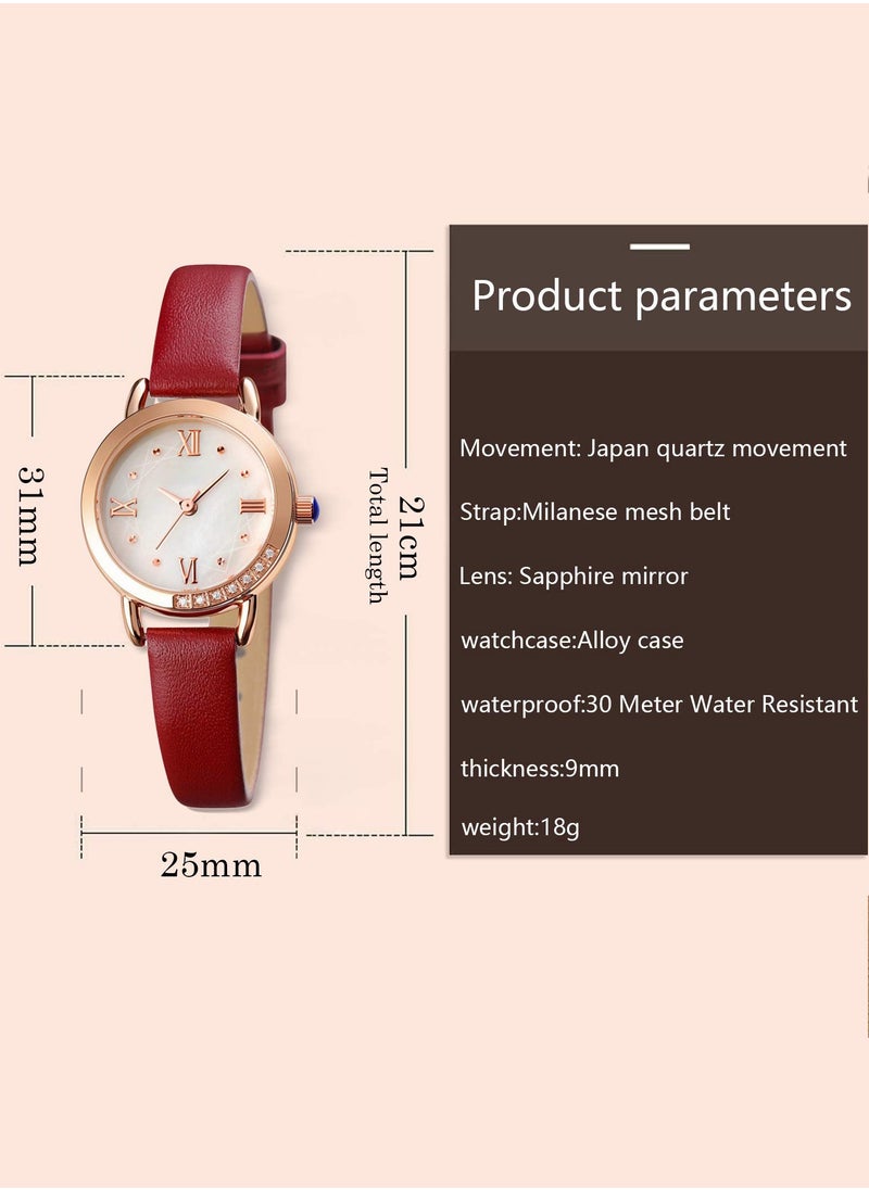 roaiss - Women's Leather Strap Quartz Watch Analog Display Round Dial Watch with Rhinestone Decoration and Red Band Waterproof Wristwatch as Gift for Ladies - Image 1