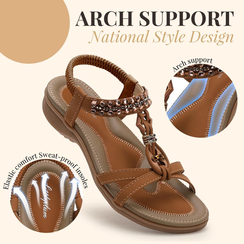 Littleplum Womens Flat Sandals Arch Support Dressy Slide Sandals Slingback Rhinestone Summer Shoes for Vacation Beach Casual Brown Size 8.5 - Image 3
