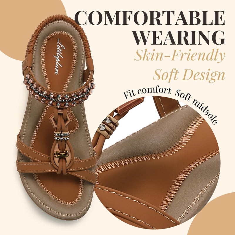 Littleplum Womens Flat Sandals Arch Support Dressy Slide Sandals Slingback Rhinestone Summer Shoes for Vacation Beach Casual Brown Size 8.5 - Image 4