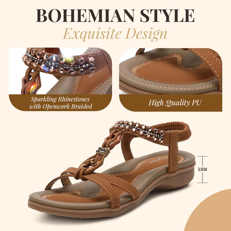 Littleplum Womens Flat Sandals Arch Support Dressy Slide Sandals Slingback Rhinestone Summer Shoes for Vacation Beach Casual Brown Size 8.5 - Image 2