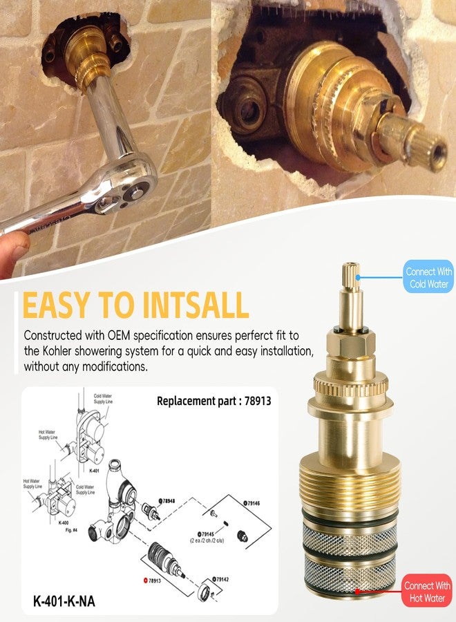 Sunluway صمام مياه حراري 78913 لـ Kohler K400/K401، خرطوشة صمام عالية التدفق مقاس 3/4 بوصة، صمام مياه حراري عالي التدفق - Image 5