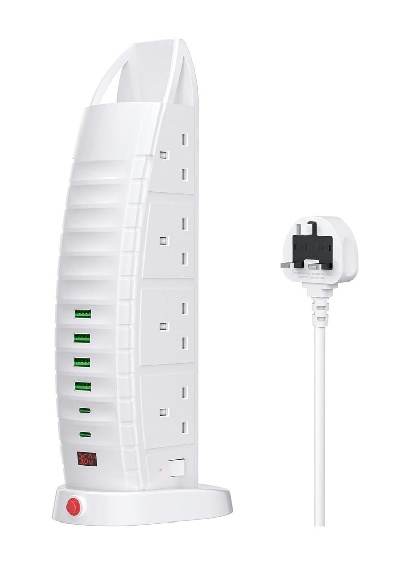 Generic - Extension Lead with USB Tower Extension Cord 8 Way Outlets 6 USB (2 Type C and 4 USB Ports) 3.6A Multi Plug Extension Socket 2M Cable with Switches Vertical Power Strip - Image 1