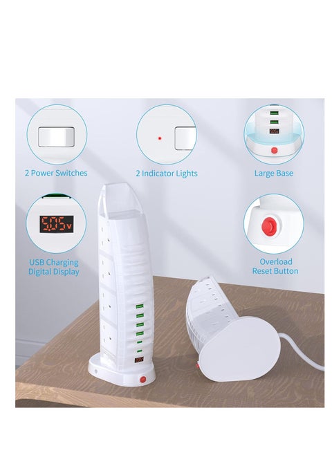 Extension Lead with USB Tower Extension Cord 8 Way Outlets 6 USB (2 Type C and 4 USB Ports) 3.6A Multi Plug Extension Socket 2M Cable with Switches Vertical Power Strip