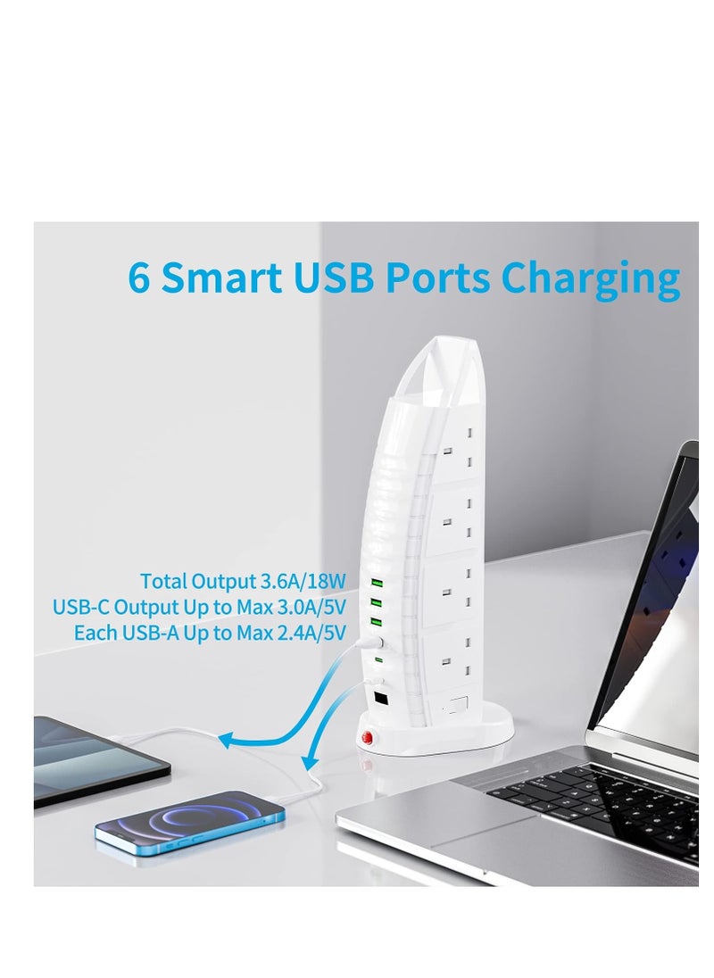 Generic - Extension Lead with USB Tower Extension Cord 8 Way Outlets 6 USB (2 Type C and 4 USB Ports) 3.6A Multi Plug Extension Socket 2M Cable with Switches Vertical Power Strip - Image 1