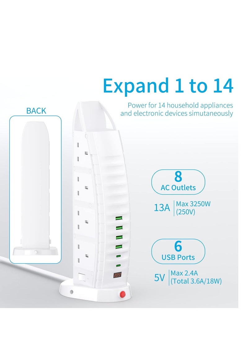 Generic - Extension Lead with USB Tower Extension Cord 8 Way Outlets 6 USB (2 Type C and 4 USB Ports) 3.6A Multi Plug Extension Socket 2M Cable with Switches Vertical Power Strip - Image 1