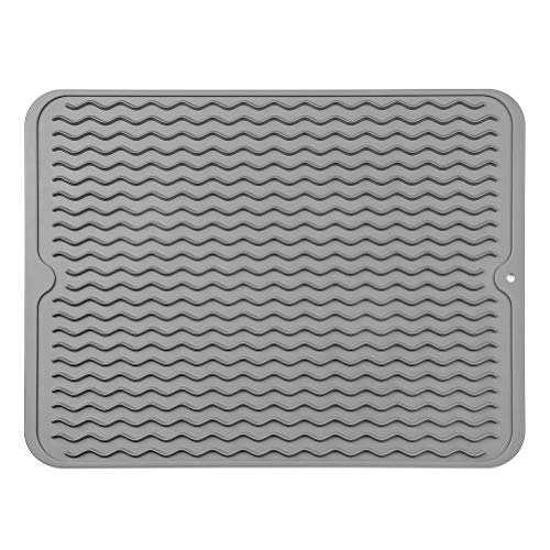 MicoYang Silicone Dish Drying Mat for Multiple UsageEasy cleanEcofriendlyHeatresistant Silicone Mat for Kitchen Counter or SinkRefrigerator or Drawer liner Grey L 16 inches x 12 inches