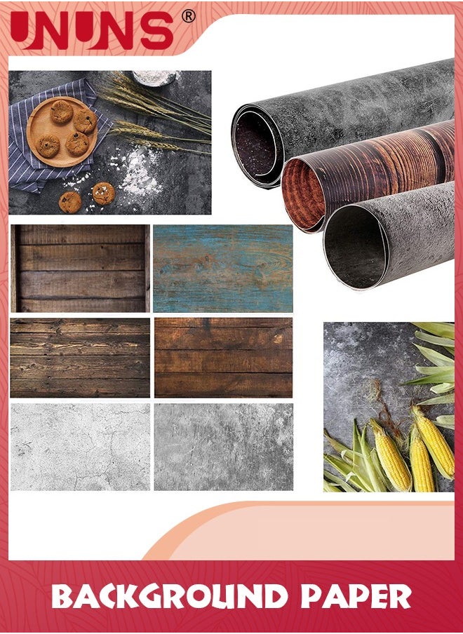 UNUNS 3pcs Double Sided Photography Background,(22x35.4 Inch) 6 Patterns Wood Marble Textures Waterproof Paper,Tabletop Backdrop for Food Jewelry Cosmetics Makeup Photo Shoot  - Image 1