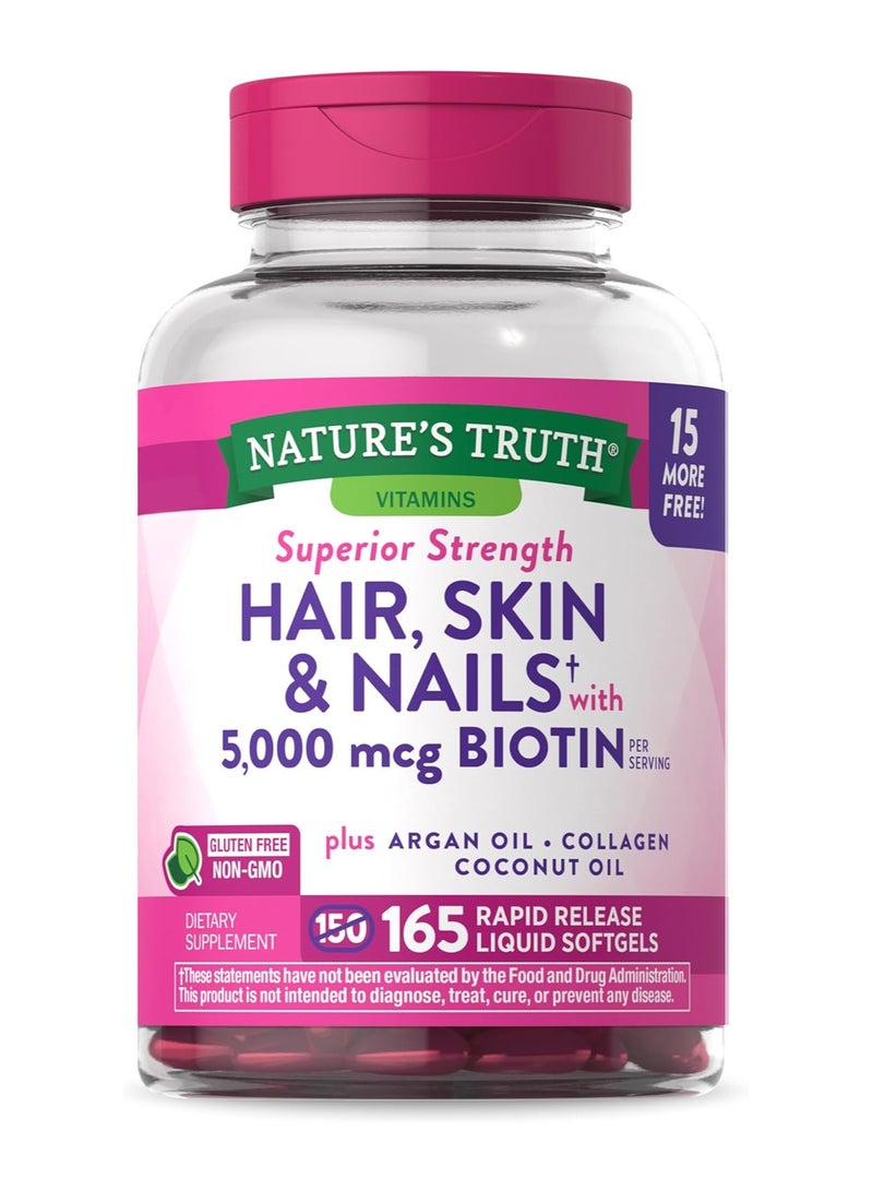 نايتشورز تروث Nature's Truth, الشعر والبشرة والأظافر مع البيوتين، 5000 مكجم، 165 كبسولة هلامية سائلة سريعة الإطلاق - Image 1