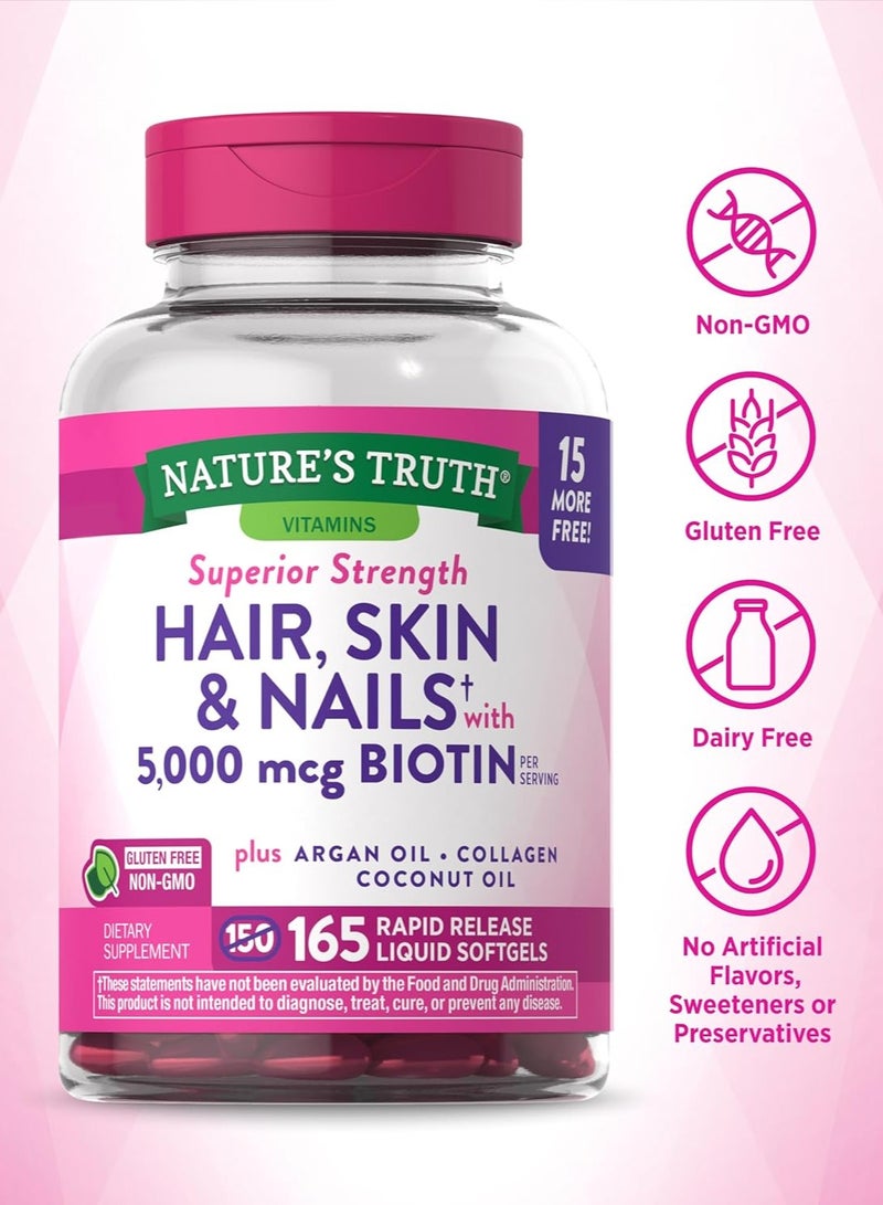 نايتشورز تروث Nature's Truth, الشعر والبشرة والأظافر مع البيوتين، 5000 مكجم، 165 كبسولة هلامية سائلة سريعة الإطلاق - Image 2