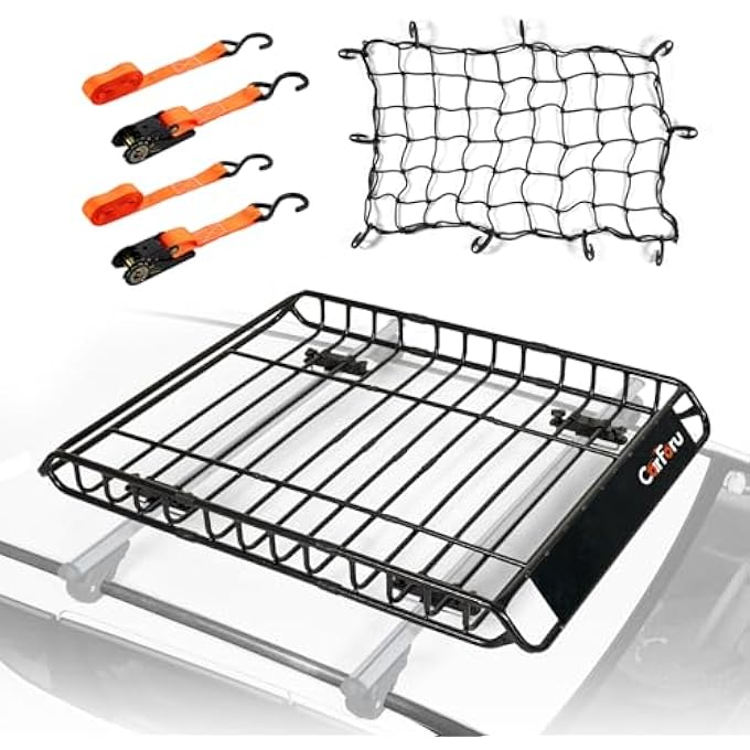 rayihni Roof Rack Basket 51" X 36" X 5" Universal Rooftop Cargo Basket, 250LB Heavy Duty Cargo Basket Car Roof Basket for SUV, Truck, Cargo Net with Attachment Hooks, 2pcs Ratchet Straps - Image 1
