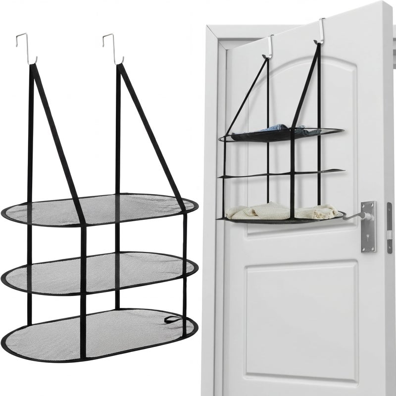 Threehoney 2 Pcs 3 Tier Sweater Drying Rack Flat Over The Door Folding Drying Rack Large Lay Laundry Hanging Dryer Mesh Clothes Dry Hanger for Apartments Dorms BathroomsBlack265 x 18 x 345 Inch - Image 2