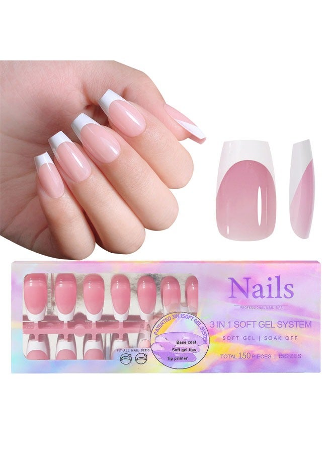 عام تلميحات الأظافر الجل الفرنسي، 150 طلقة متوسطة الحجم من الأظافر الزائفة بشكل النعومة، طلاء 3 في 1، طبقات X المُسبقة والمُثبتة والمُدرَّجة والمُعدة مُسبقًا، 15 حجمًا من تمديدات الأظافر بدون حاجة لملف.