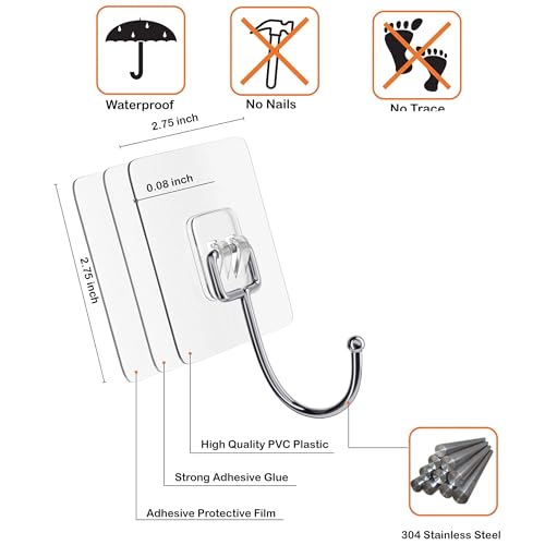 Wisoqu 2025 Large Adhesive Hooks for Hanging Heavy Duty Wall Hooks 22 lbs Self Adhesive Towel Hook Waterproof Transparent - Image 3