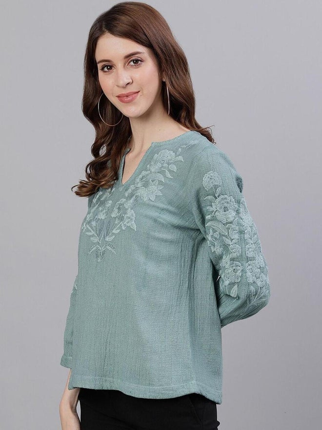 آي شين بلوزة مطرزة بالزهور الخضراء من إيشين - Image 4