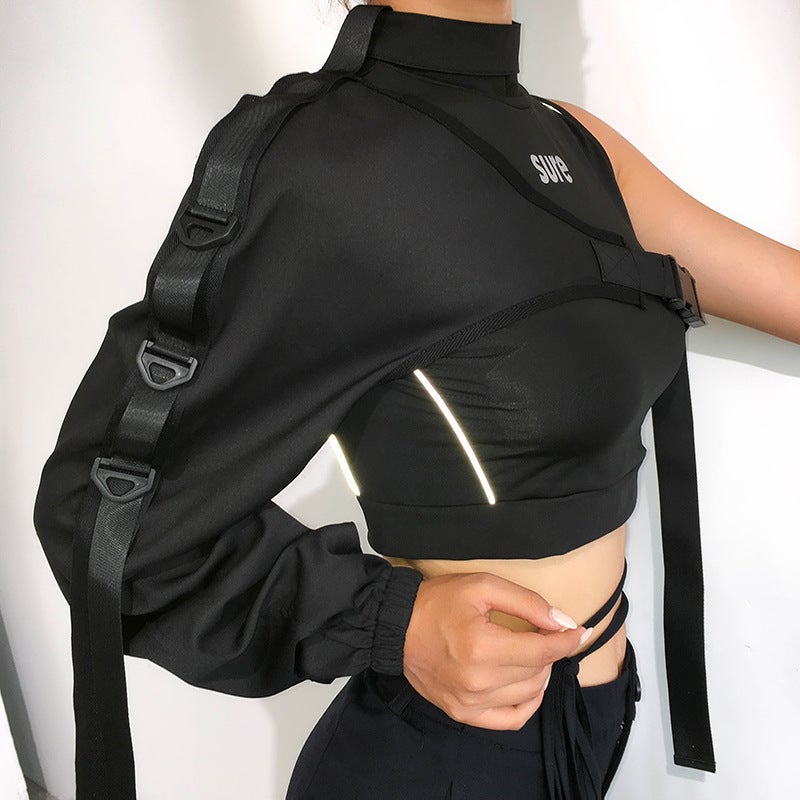 2024 foreign trade cross-border popular reflective top new personalized irregular book bag buckle long sleeve ribbon T-shirt blouse Black - Image 4