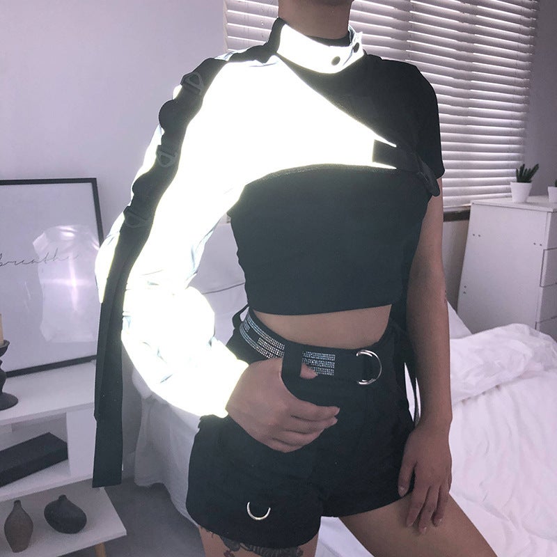 2024 foreign trade cross-border popular reflective top new personalized irregular book bag buckle long sleeve ribbon T-shirt blouse Black - Image 2