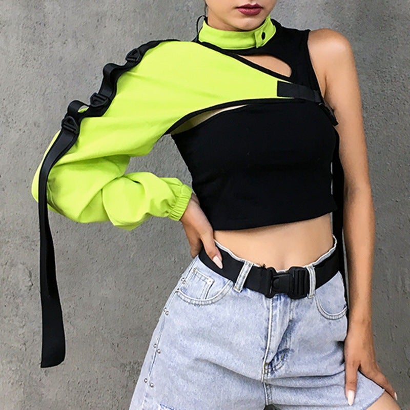2024 foreign trade cross-border popular reflective top new personalized irregular book bag buckle long sleeve ribbon T-shirt blouse Black - Image 3