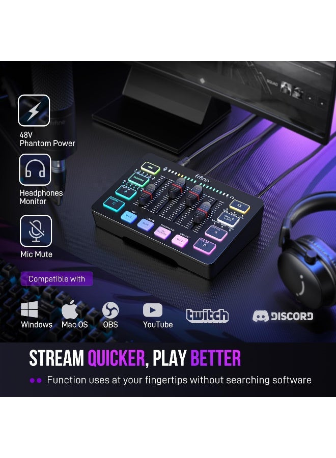 فيفين خلاط صوت الألعاب FIFINE AmpliGame SC3 مع إضاءة RGB ومدخل ميكروفون XLR وطاقة فانتوم 48 فولت - Image 3