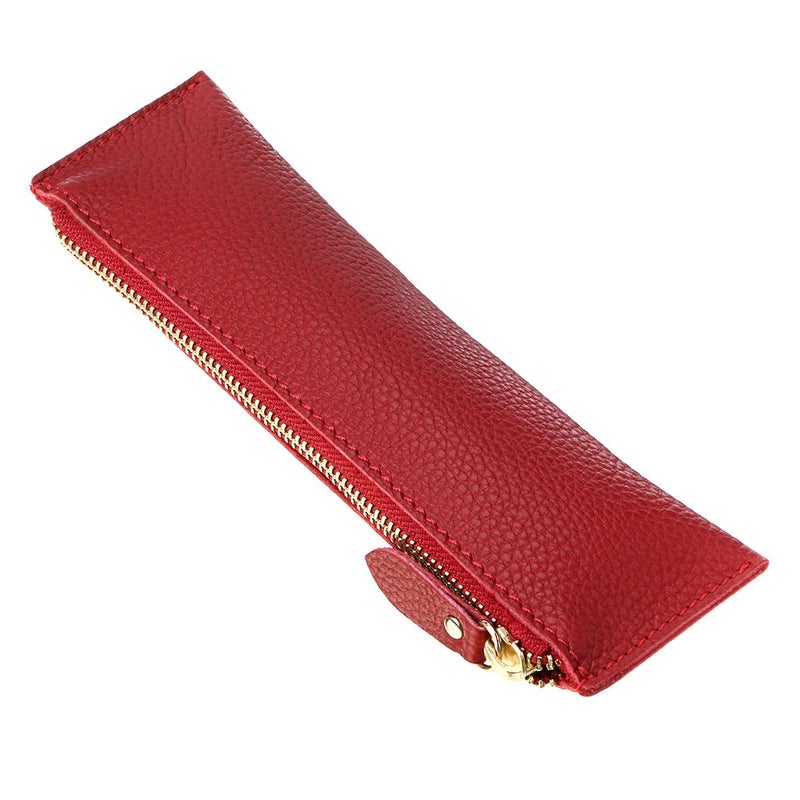 BTSKY Genuine Leather Pencil Case Zippered Pen Case Stationery Bag Zipper Pouch Pencil Holder Red