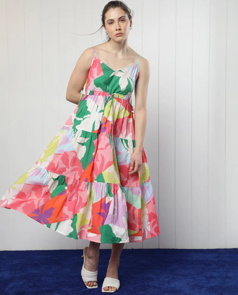 Rareism Women's Laced V-Neck Tiered Dress With Floral Details
