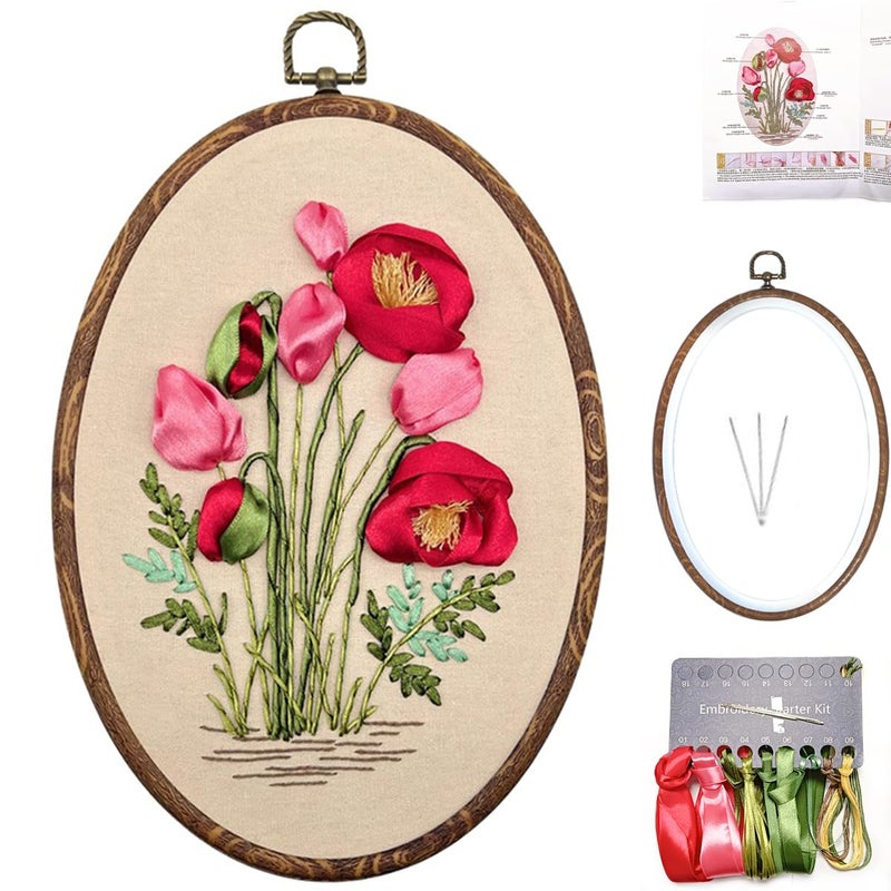 FONNUY Ribbon Embroidery 3D Flowers Pattern Design Kit Embroidery DIY Handwork Set Oval Home Decoration Red Rose - Image 3