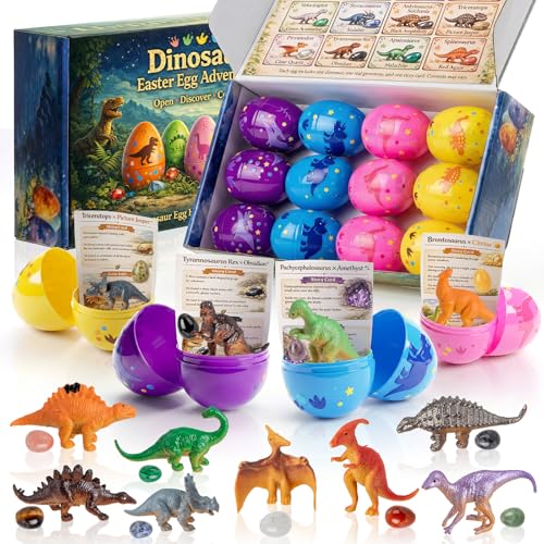 AONTESS Easter Egg Fillers Basket Stuffers Prefilled Easter Eggs 12 Pcs Dinosaur Toys Real Gemstones Scientific Gifts with Story Cards for Kids Easter Toys Party Favor foe Egg Hunt - Image 1