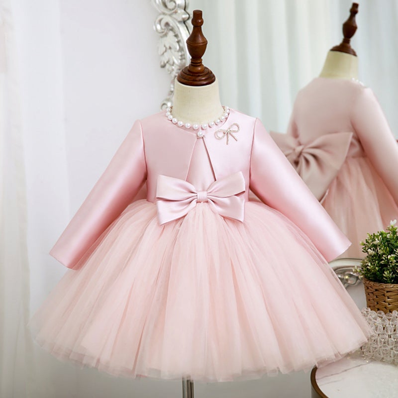 Pink Girls Dress Princess Dress suit 2025 New Spring Little Flower Girl Performance Dress Birthday Long Sleeve Dress pink and coat