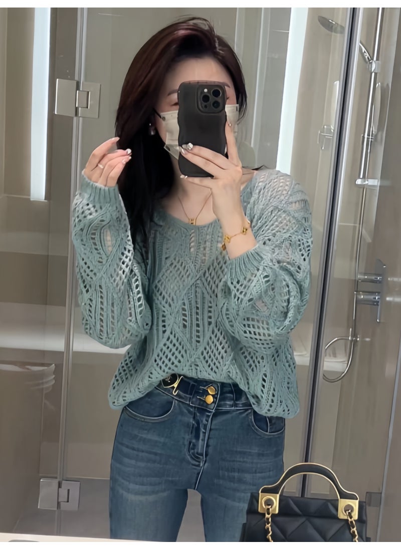 Generic Early Autumn New Vintage Hollow Pullover V-neck Knitted Top Womens Versatile Stylish Age-reducing Loose Fit Thin Sleeve Top Brown  - Image 4