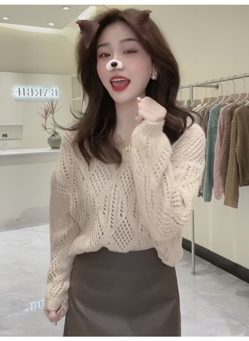 Generic Early Autumn New Vintage Hollow Pullover V-neck Knitted Top Womens Versatile Stylish Age-reducing Loose Fit Thin Sleeve Top Brown  - Image 3
