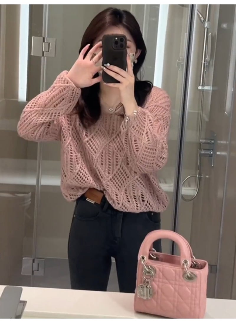 Generic Early Autumn New Vintage Hollow Pullover V-neck Knitted Top Womens Versatile Stylish Age-reducing Loose Fit Thin Sleeve Top Brown  - Image 2