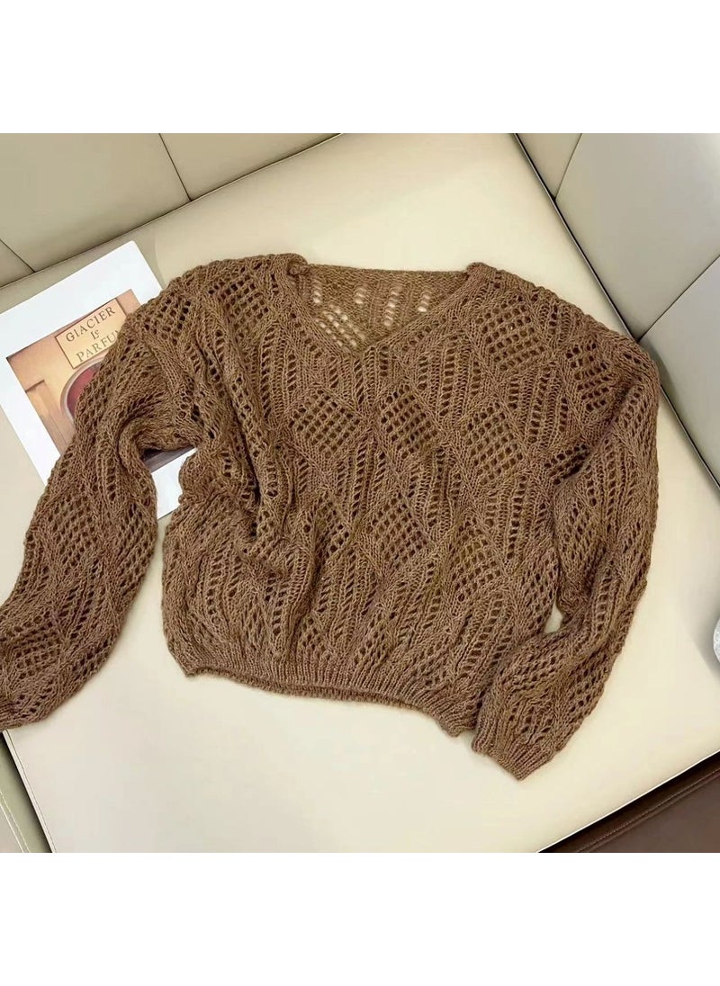Generic Early Autumn New Vintage Hollow Pullover V-neck Knitted Top Womens Versatile Stylish Age-reducing Loose Fit Thin Sleeve Top Brown  - Image 1