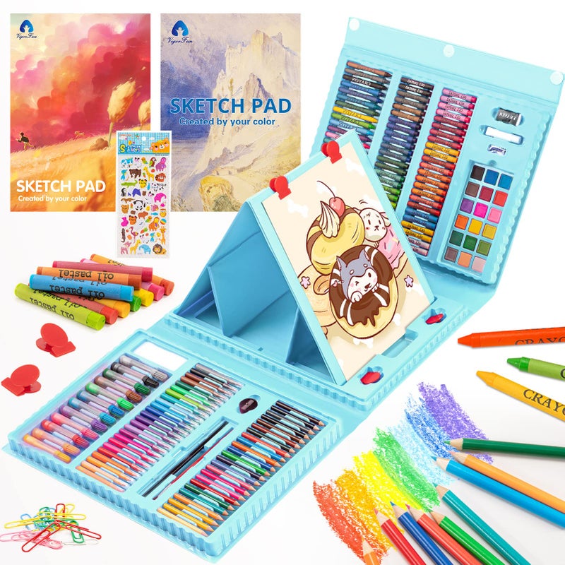 Vigorfun أدوات فنيغور فن، مجموعة أدوات الرسم 240 قطعة، مجموعة هدايا مع حامل ثلاثي الجوانب مزدوج، تشمل دفاتر الرسم، باستيل زيتي، أقلام شمع، أقلام ملونة، كعكات ألوان مائية، ملصقات (سماوي) - Image 1