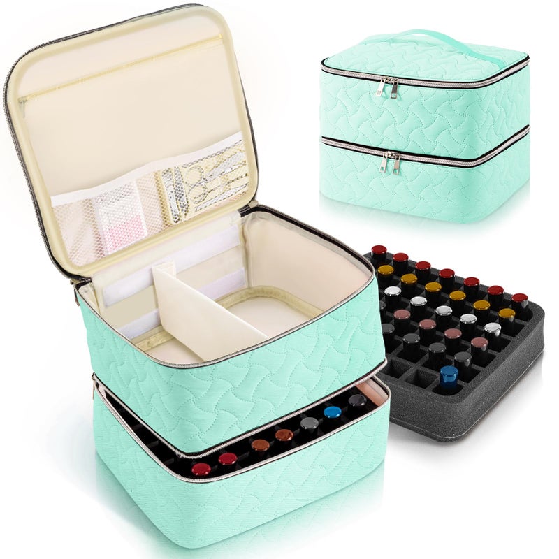 DreamGenius Nail Polish Organizer Case Holds 42 Bottles Portable DoubleLayer Nail Polish Storage Bag with Adjustable Dividers for Manicure Tools Green