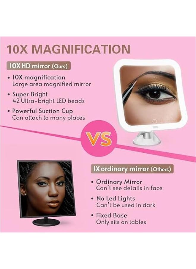 Arabest - Large Lighted Makeup Mirror with 10x Magnification, Natural White LED Lights, 360° Swivel, Locking Suction Base - Portable and Cordless for Home, Bathroom, Shower, and Travel - Image 1