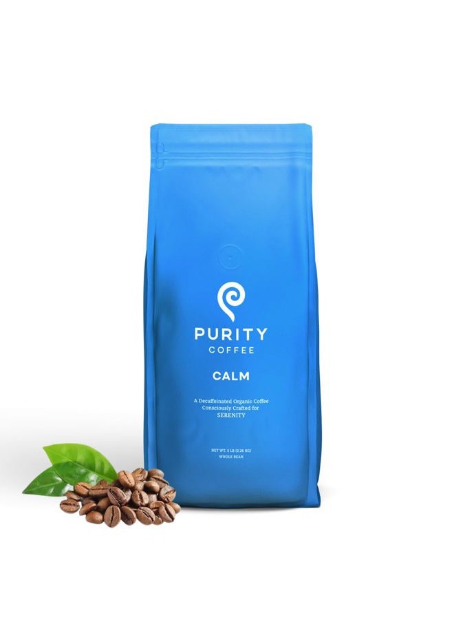 PURITY COFFEE CALM Decaf Medium Roast Whole Bean (5lb Bag) | Specialty-Grade USDA Organic Mountain Water Process Decaffeinated Blend | Third Party Tested for Mold, Mycotoxins & Pesticides - Image 1