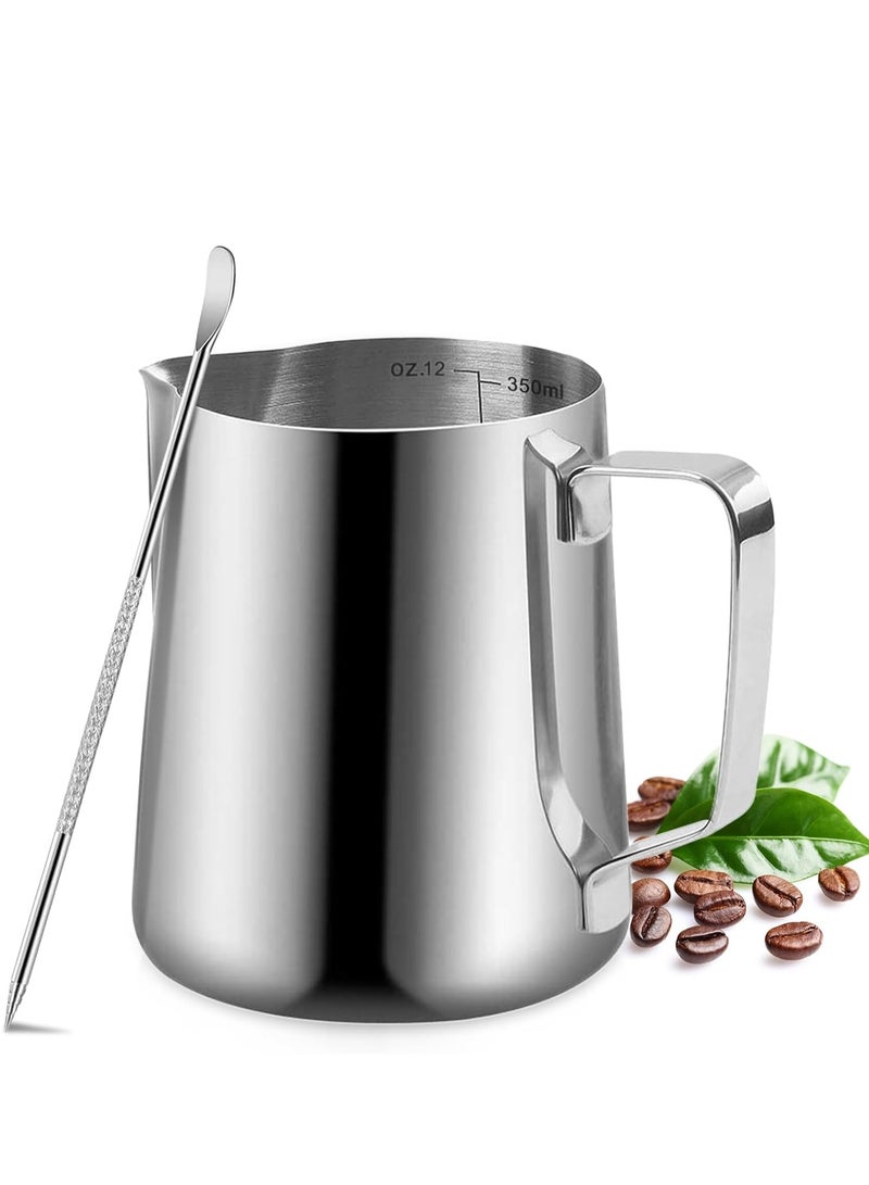 general Milk Frothing Pitcher,350ml Milk Frother Cup Stainless Steel Jug Steaming Pitcher,12oz Milk Coffee Cappuccino Latte Art Barista Steam Pitchers Milk Jug Cup with Decorating Pen - Image 1