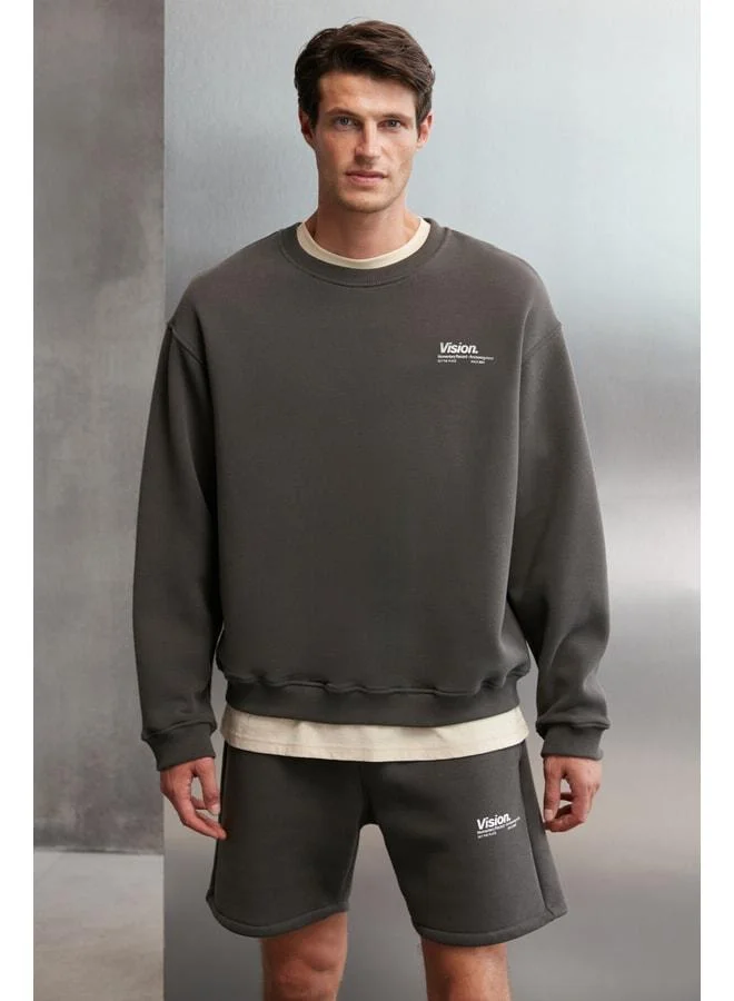 GRIMELANGE Ernest Men's Ultra-Soft Fabric Oversized Fit Round‑Collar Printed Gray Sweatshirt.