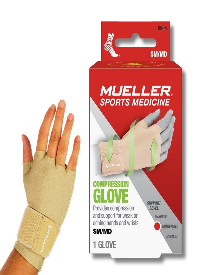 MUELLER Sports Medicine Compression Glove for Men and Women, Hand & Wrist Pain Relief Support, Ideal for Carpal Tunnel, Arthritis, Fits Right or Left, Beige, Small/Medium - Image 1