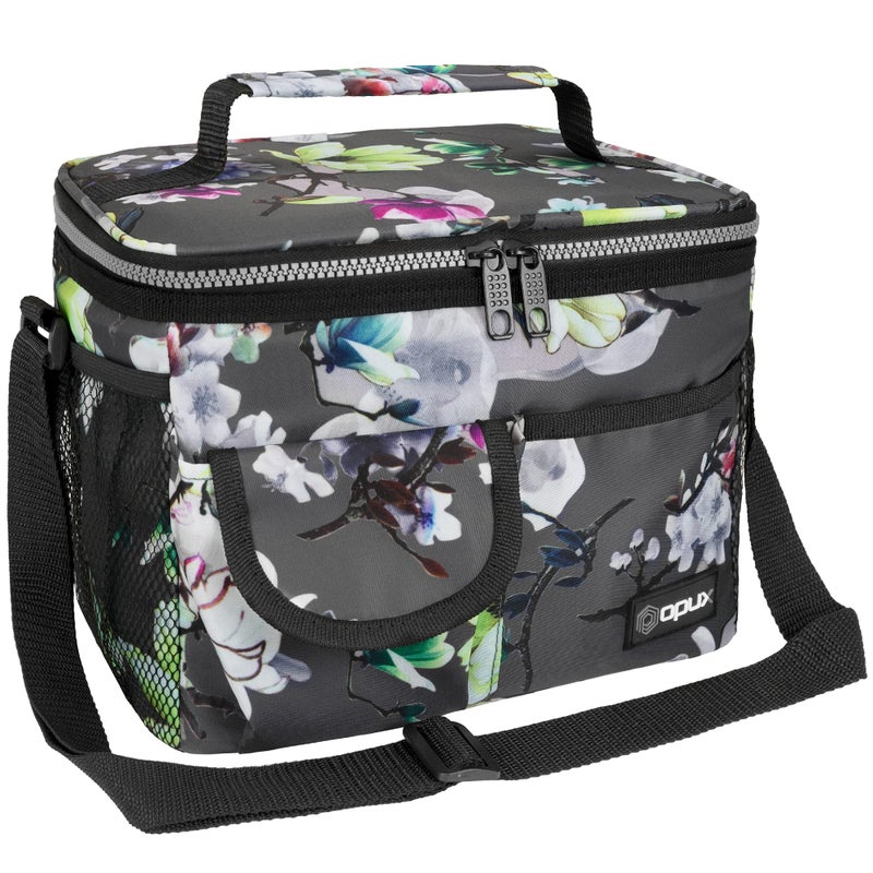 opux Insulated Lunch Bag for Men Women Leakproof Floral Grey Lunch Box for Work Portable Soft Lunch Cooler Bag with Shoulder Strap Adult Lunchbox Lunch Pail for Kid Boy Girl School 14 Can8L