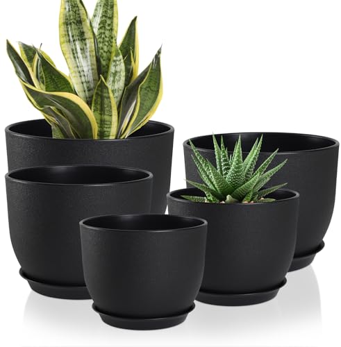 YNNICO Plant Pots 1098757 inch Set of 5Flower Pots with Multi Mesh Drainage Holes Large Planters for Indoor Outdoor Garden Plants and Flowers Black - Image 1
