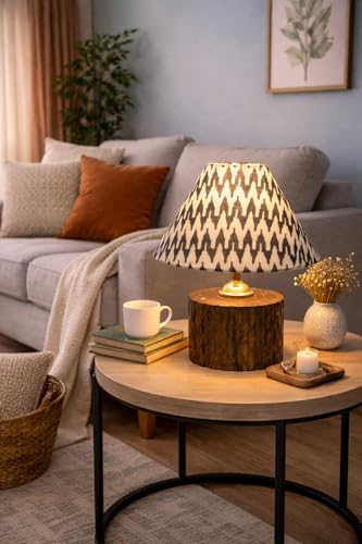 tu casa Round Wooden Table Lamp | Chevron Print Satin Shade | Decorative Bedside & Night Lamp for Bedroom Living Room Study Office | Home Décor & Gifting | 11.5 Inch - Image 1