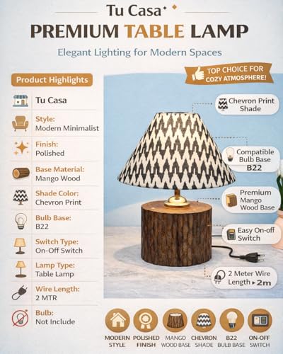 tu casa Round Wooden Table Lamp | Chevron Print Satin Shade | Decorative Bedside & Night Lamp for Bedroom Living Room Study Office | Home Décor & Gifting | 11.5 Inch - Image 3