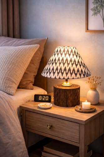 tu casa Round Wooden Table Lamp | Chevron Print Satin Shade | Decorative Bedside & Night Lamp for Bedroom Living Room Study Office | Home Décor & Gifting | 11.5 Inch - Image 2