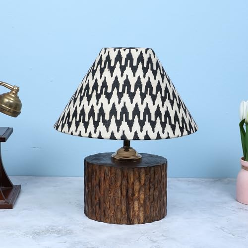 tu casa Round Wooden Table Lamp | Chevron Print Satin Shade | Decorative Bedside & Night Lamp for Bedroom Living Room Study Office | Home Décor & Gifting | 11.5 Inch - Image 5